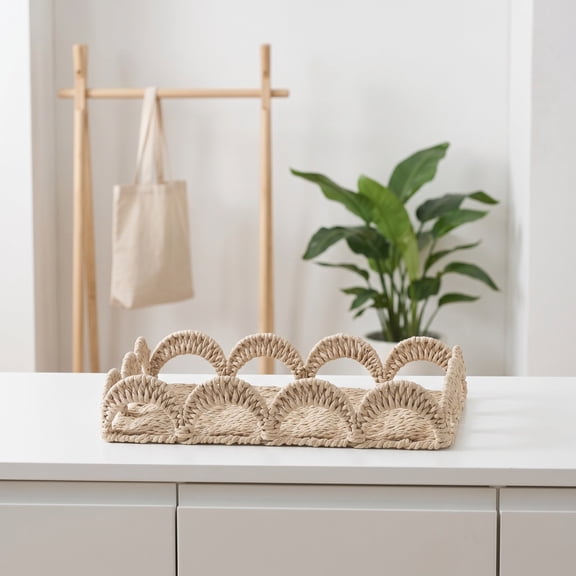 Wavy Lace Paper Rope Woven Rectangular Storage Tray, Japanese Cream Style Decor Basket, Multi-Purpose Caddy for Porch Table Aromatherapy Candles, Reading Books and Desktop Sundry Organizing