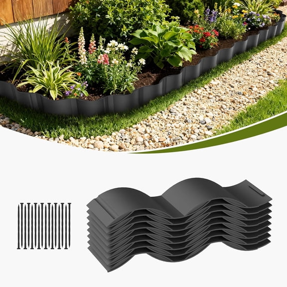 Wavy Landscape Edging, 6IN Tall 10FT Garden Edging Border with 16 Anchoring Stakes, No Dig Decorative Plastic Interlocking Tile Edging for Lawn, Flower Bed, Sidewalk, Yard (Black, 8PCS)