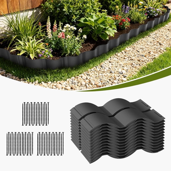 Wavy Landscape Edging, 6IN Tall 30FT Garden Edging Border with 48 Anchoring Stakes, No Dig Decorative Plastic Interlocking Tile, Thickened Edging for Lawn, Flower Bed, Yard (Black, 24PCS)
