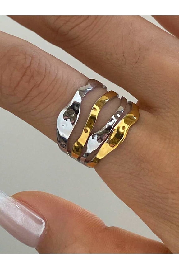 Wavy Layered Cuff Ring In Goldtone And Silvertone Steel For Women
