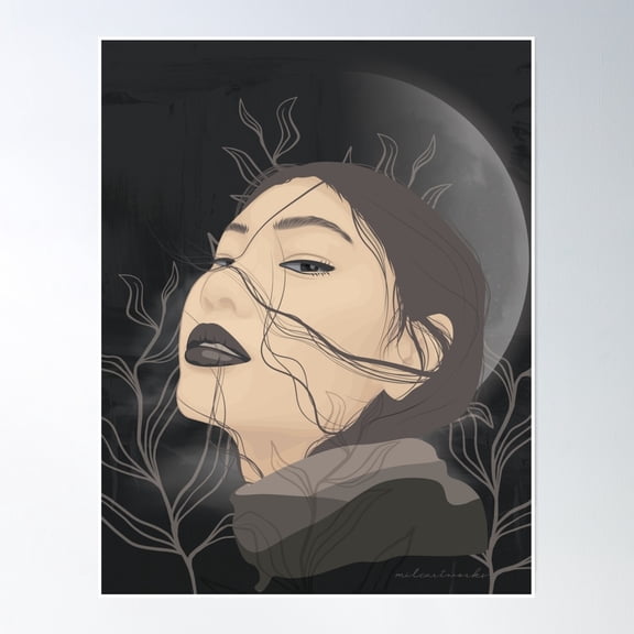 Wavy Leaves Botanical Line Art Moon Sky Black Background Female In Scarf Poster Wall Art, Modern Wall Decor, 8x12 UNFRAMED