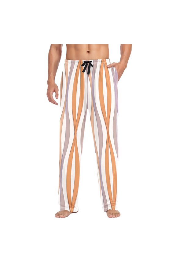 Wavy Line Pattern Mens Cotton Pajama Pants Long Staple Lightweight Sleep Bottoms with Pockets Breathable