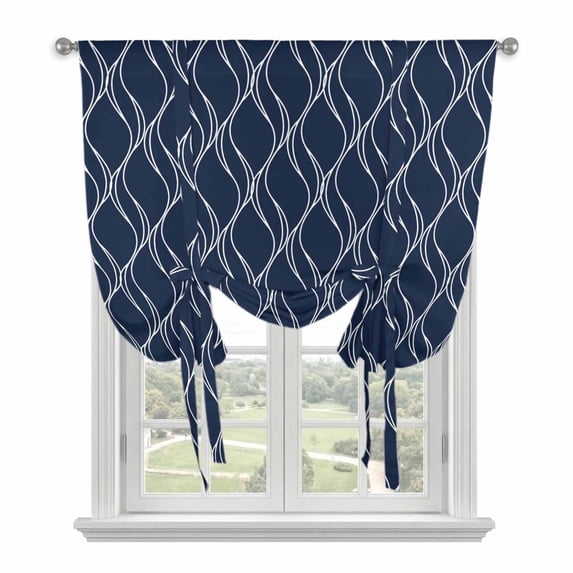 Wavy Lines Balloon Curtains for Bedroom/Front Door/Bathroom, Abstract Minimalist Pattern Navy Blue Tie Up Curtains 63 Inch Length Light Filtering Kitchen Curtains Shades for Windows 46"x63"
