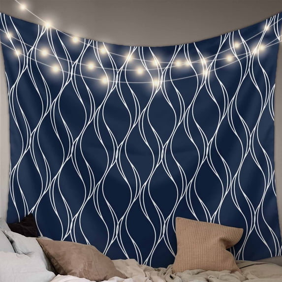 Wavy Lines Large Tapestry for Bedroom Wall Hanging Tapestry, Abstract Minimalist Pattern Navy Blue Ceiling Backdrop Tapestries Poster Blanket Wall Decor for Teens Room Living Room Dorm 86" x 104"