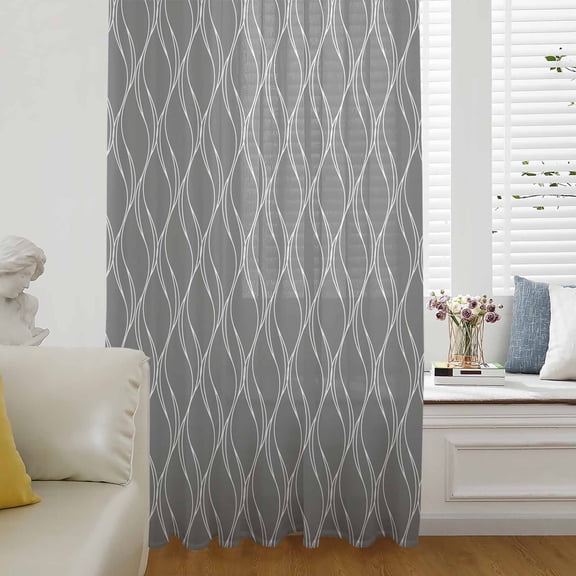 Wavy Lines Semi Sheer Curtains Drapes for Living Room, Bedroom, French Doors Window 45 Inches Long, Abstract Minimalist Pattern Gray Rod Pocket Chiffon Curtain Drapery Voile Draperies Panel