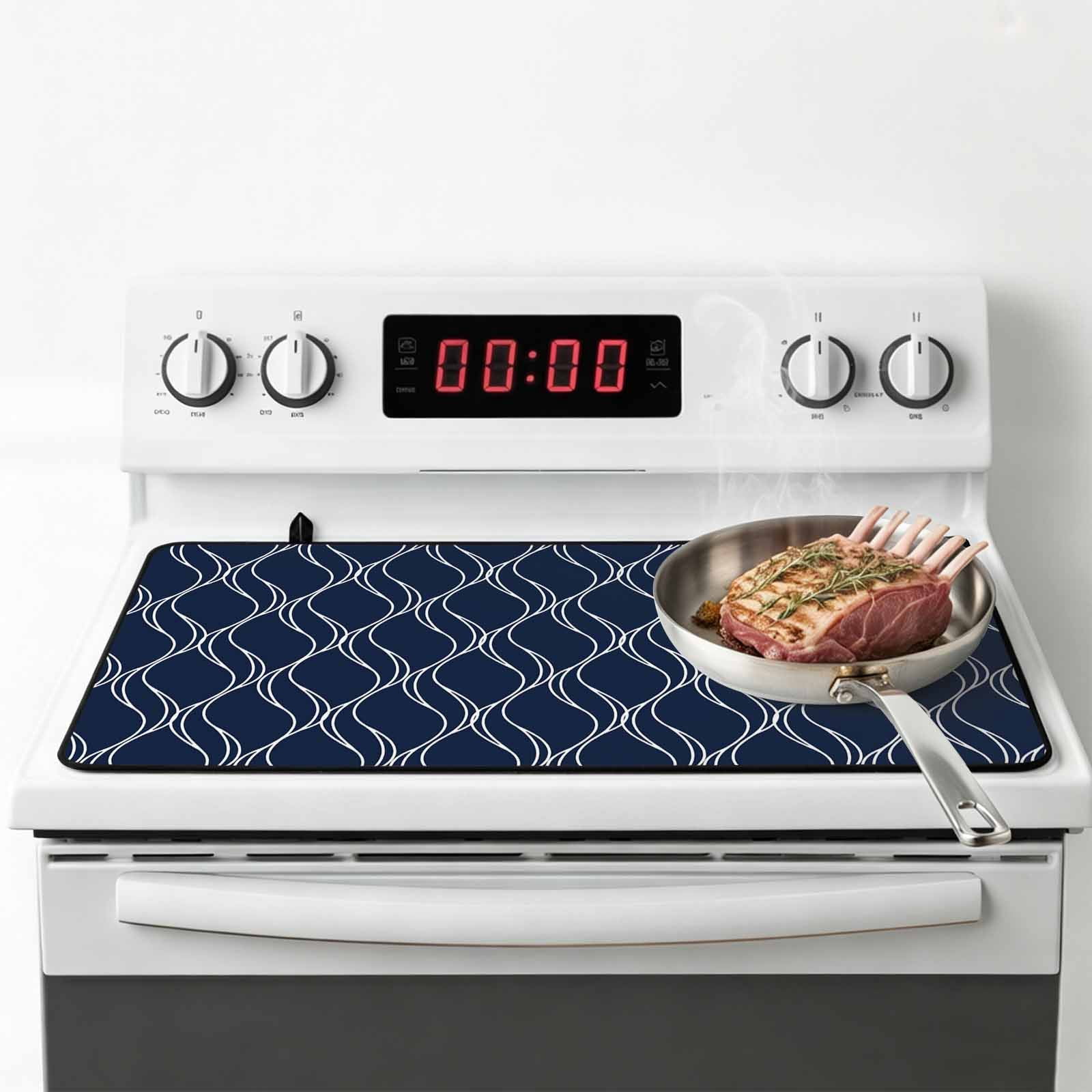 Wavy Lines Stove Top Cover for Electric Stove, Heat-proof & Non Slip Glass Top Stove Cover Protector, Abstract Minimalist Pattern Navy Blue Kitchen Flat Cooktop Rubber Mat 24x21 Inches