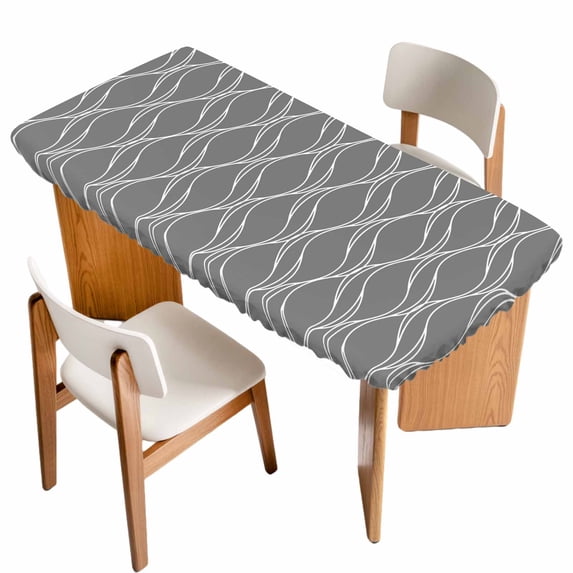 Wavy Lines Table Cloths for 5 Foot Rectangle Tables, Abstract Minimalist Pattern Gray Patio Waterproof Elastic Fitted Tablecloths, Washable Rectangular Table Cover for Camping