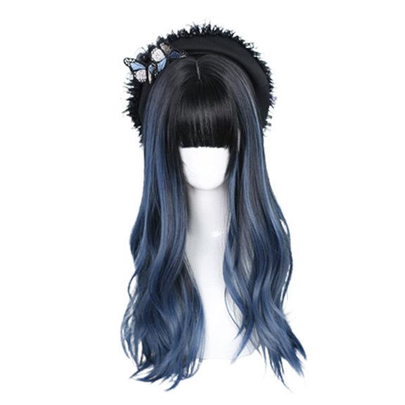 Wavy Long Black White Synthetic Wig Bangs Sweet Lolita Princess Cosplay