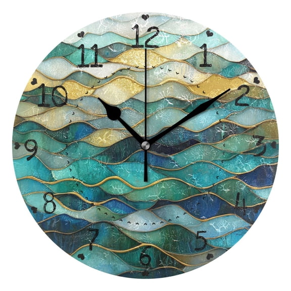 Wavy Ocean Design Round Wall Clock Silent Battery Operated Home Decor for Living Room Bedroom