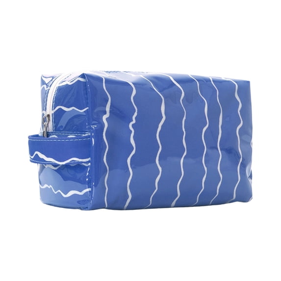 Wavy Pattern Pouch, Large Waterproof PVC Glossy Makeup Organizer, Portable Toiletry Cosmetic Bag For Travel Brush Storage(Royal Blue)