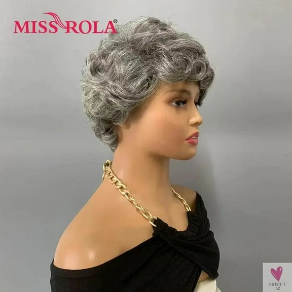 Wavy Pixie Cut Wigs, 100% Human Hair with Gray And Black Highlights With Bangs, Brazilian Remy Waves