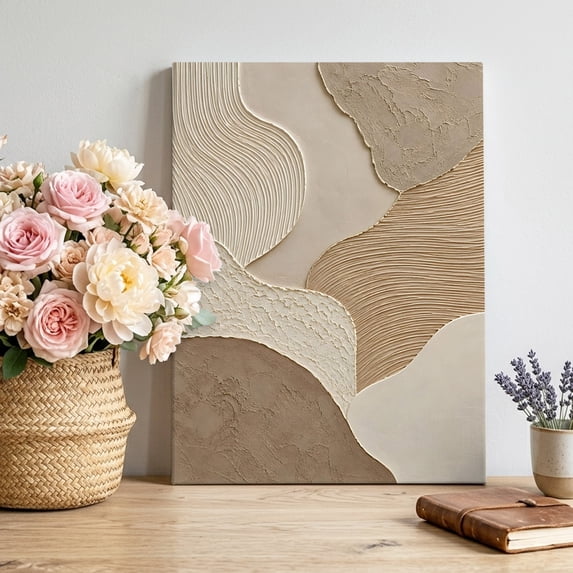 Plint Texture Wavy Plaster Layers Canvas Wall Art, Beige Taupe Sand Texture Oil ...