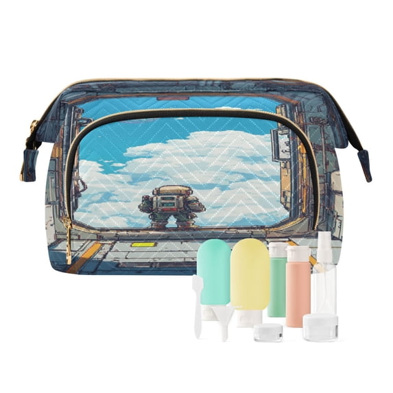 Wavy Quilted Cosmetic Bag Large-Capacity Travel Toiletry Organizer Includes 9-Piece Portable Travel Bottle Set A Space Station