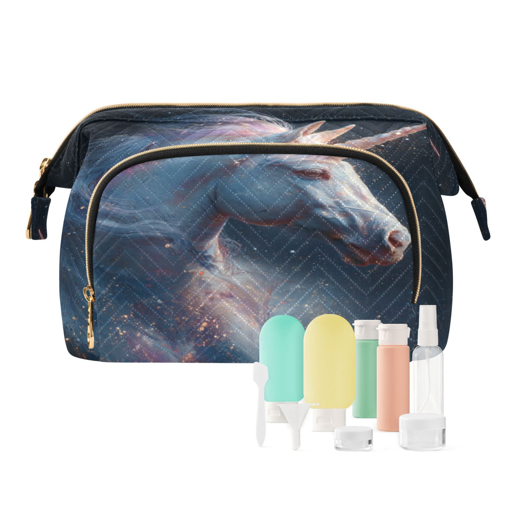 Wavy Quilted Cosmetic Bag Large-Capacity Travel Toiletry Organizer Includes 9-Piece Portable Travel Bottle Set A Unicorn in Space