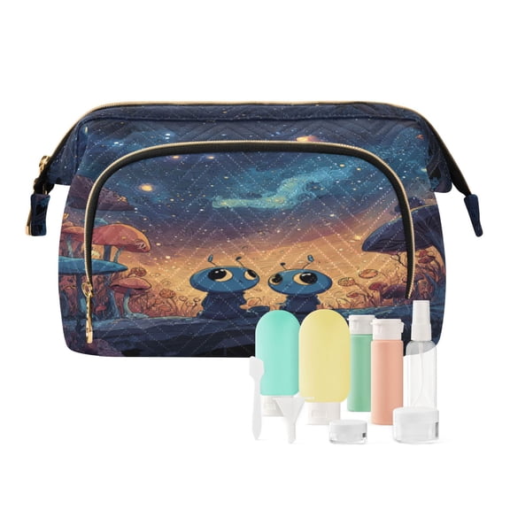 Wavy Quilted Cosmetic Bag Large-Capacity Travel Toiletry Organizer Includes 9-Piece Portable Travel Bottle Set Alien Partner