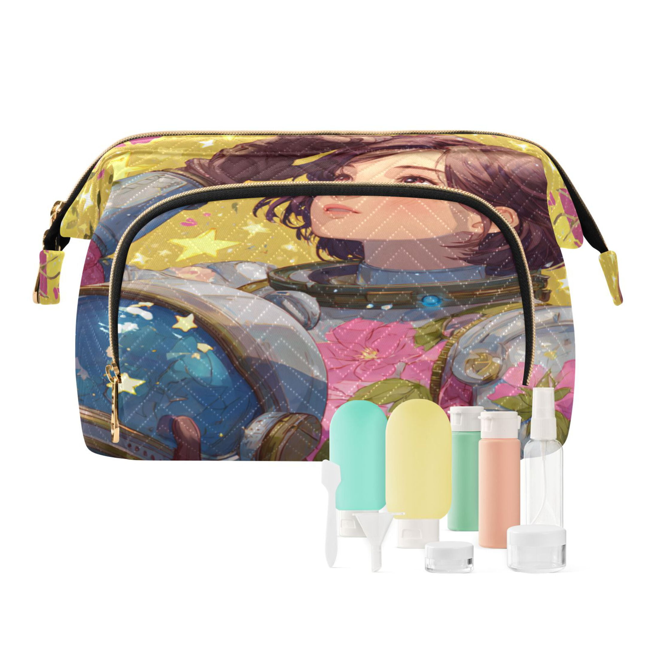 Wavy Quilted Cosmetic Bag Large-Capacity Travel Toiletry Organizer Includes 9-Piece Portable Travel Bottle Set Anime-style Astronaut
