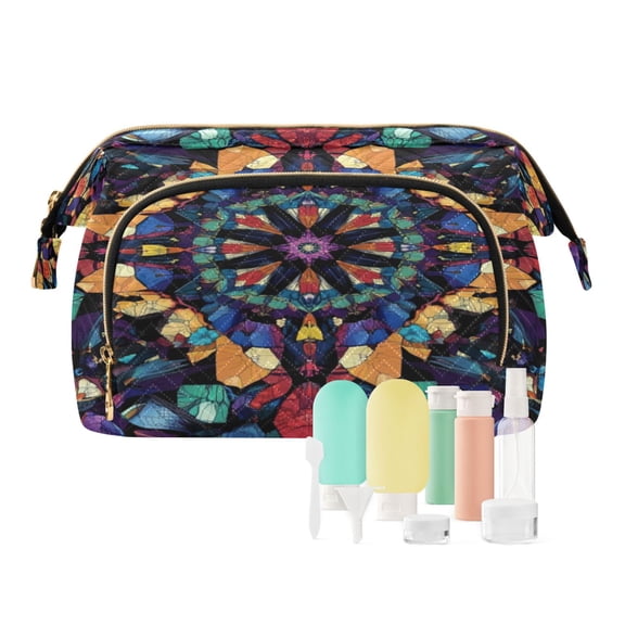 Wavy Quilted Cosmetic Bag Large-Capacity Travel Toiletry Organizer Includes 9-Piece Portable Travel Bottle Set Art Pattern