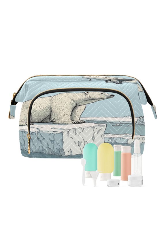 Wavy Quilted Cosmetic Bag Large-Capacity Travel Toiletry Organizer Includes 9-Piece Portable Travel Bottle Set Bear