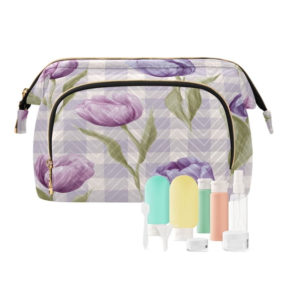 Wavy Quilted Cosmetic Bag Large-Capacity Travel Toiletry Organizer Includes 9-Piece Portable Travel Bottle Set Beautiful Pinkish-purple Tulips