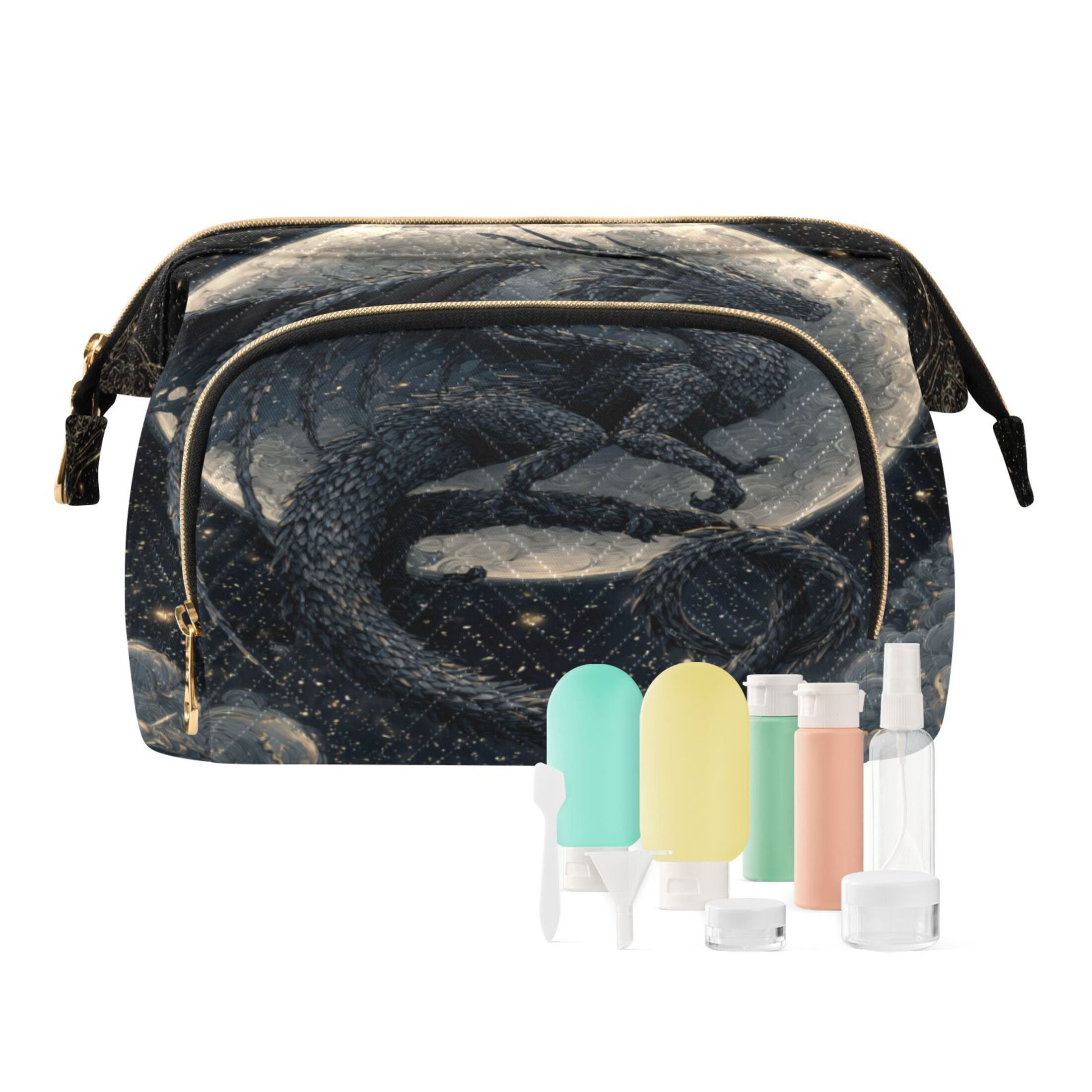 Wavy Quilted Cosmetic Bag Large-Capacity Travel Toiletry Organizer Includes 9-Piece Portable Travel Bottle Set Black Devil Dragon
