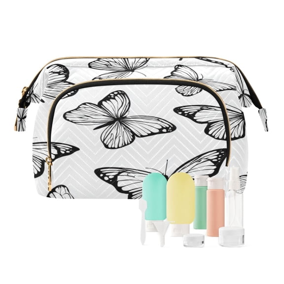 Wavy Quilted Cosmetic Bag Large-Capacity Travel Toiletry Organizer Includes 9-Piece Portable Travel Bottle Set Black and White Butterfly