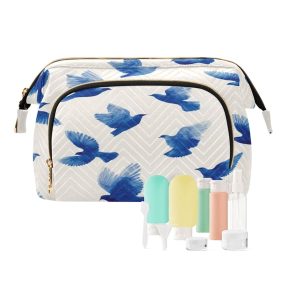 Wavy Quilted Cosmetic Bag Large-Capacity Travel Toiletry Organizer Includes 9-Piece Portable Travel Bottle Set Blue Birds in Flight
