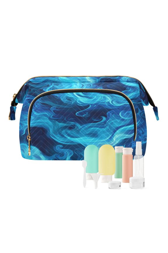 Wavy Quilted Cosmetic Bag Large-Capacity Travel Toiletry Organizer Includes 9-Piece Portable Travel Bottle Set Blue Blaze