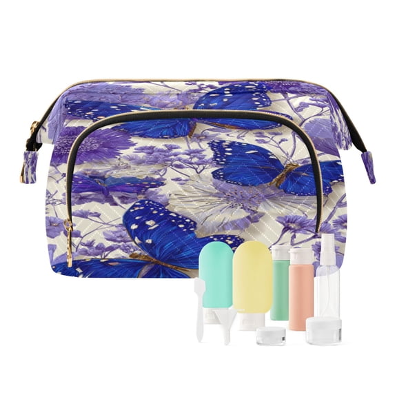 Wavy Quilted Cosmetic Bag Large-Capacity Travel Toiletry Organizer Includes 9-Piece Portable Travel Bottle Set Blue Butterflies and Wildflowers