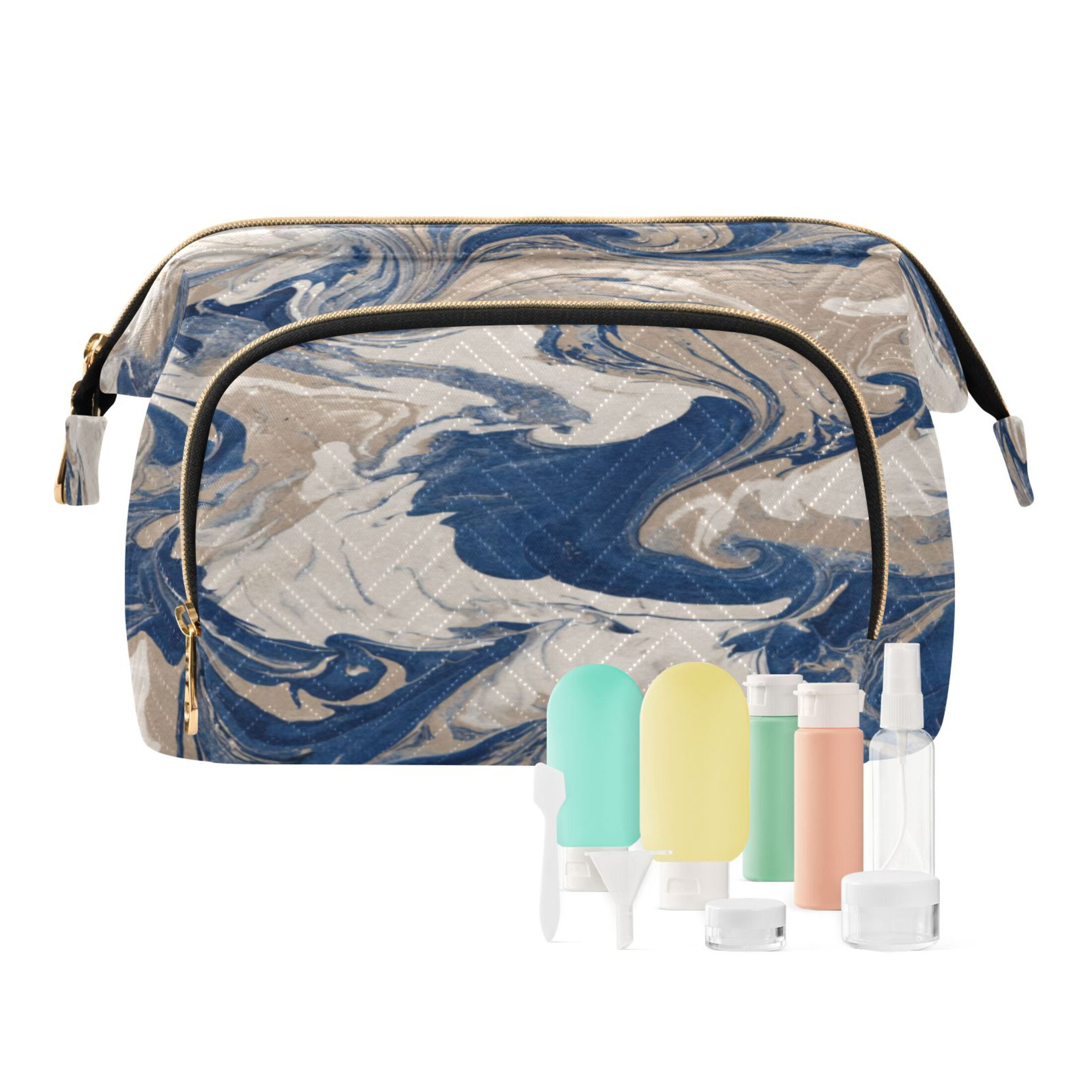 Wavy Quilted Cosmetic Bag Large-Capacity Travel Toiletry Organizer Includes 9-Piece Portable Travel Bottle Set Blue Flowing Liquid Marble