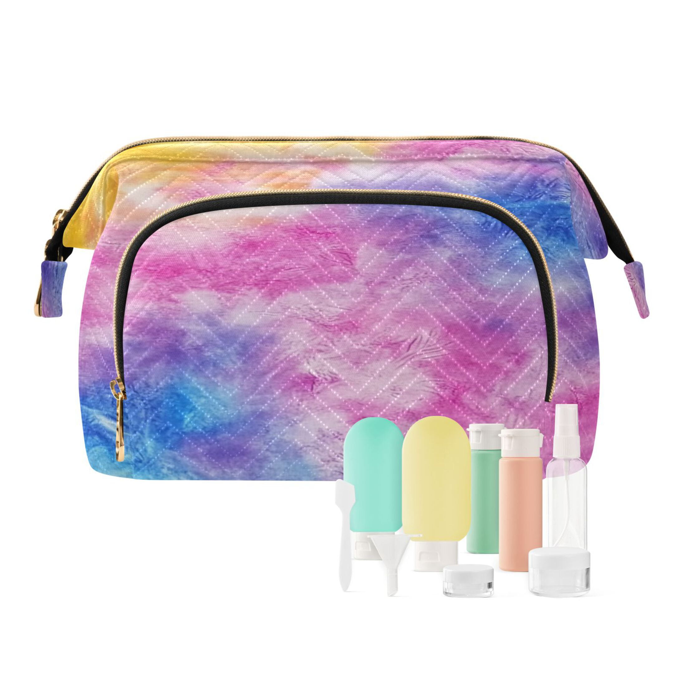 Wavy Quilted Cosmetic Bag Large-Capacity Travel Toiletry Organizer Includes 9-Piece Portable Travel Bottle Set Blue Purple Yellow Tie-dye