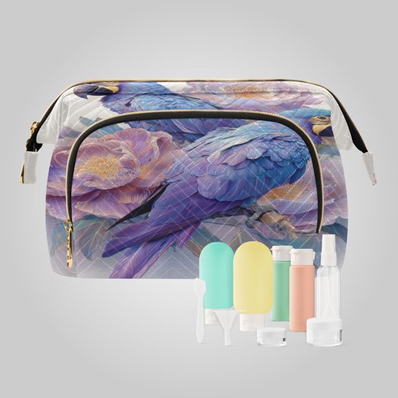 Wavy Quilted Cosmetic Bag Large-Capacity Travel Toiletry Organizer Includes 9-Piece Portable Travel Bottle Set Blue-and-purple Macaw Pattern