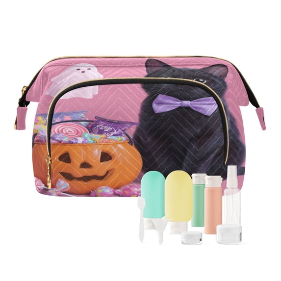 Wavy Quilted Cosmetic Bag Large-Capacity Travel Toiletry Organizer Includes 9-Piece Portable Travel Bottle Set Bow Tie Black Cat