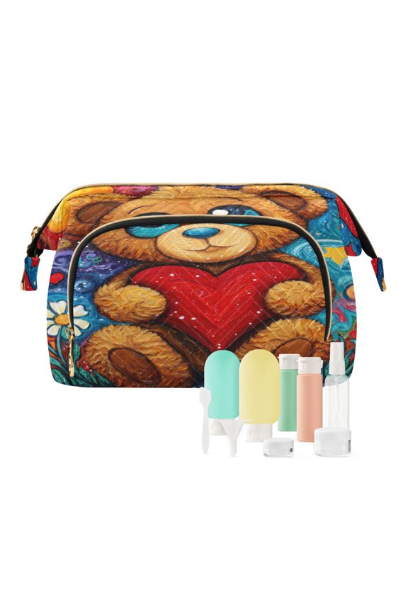 Wavy Quilted Cosmetic Bag Large-Capacity Travel Toiletry Organizer Includes 9-Piece Portable Travel Bottle Set Brown Bear and Red Heart