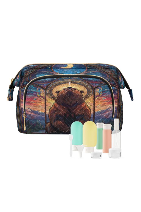 Wavy Quilted Cosmetic Bag Large-Capacity Travel Toiletry Organizer Includes 9-Piece Portable Travel Bottle Set Brown Majestic Bear