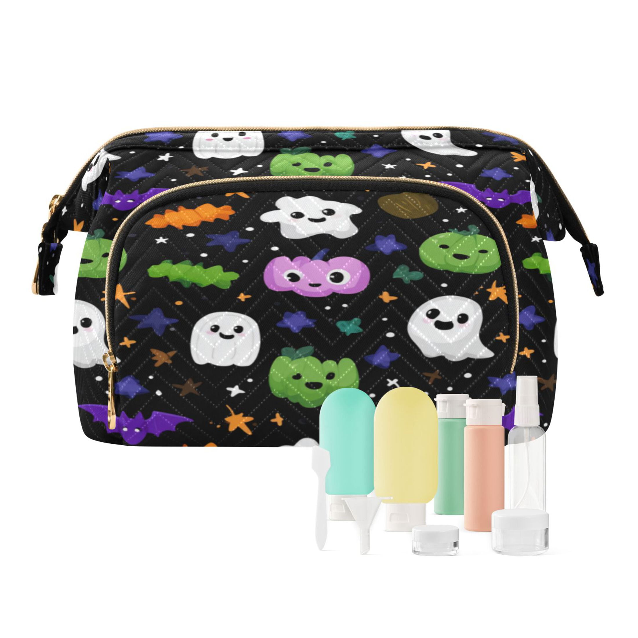 Wavy Quilted Cosmetic Bag Large-Capacity Travel Toiletry Organizer Includes 9-Piece Portable Travel Bottle Set Cartoon Ghosts Pumpkins