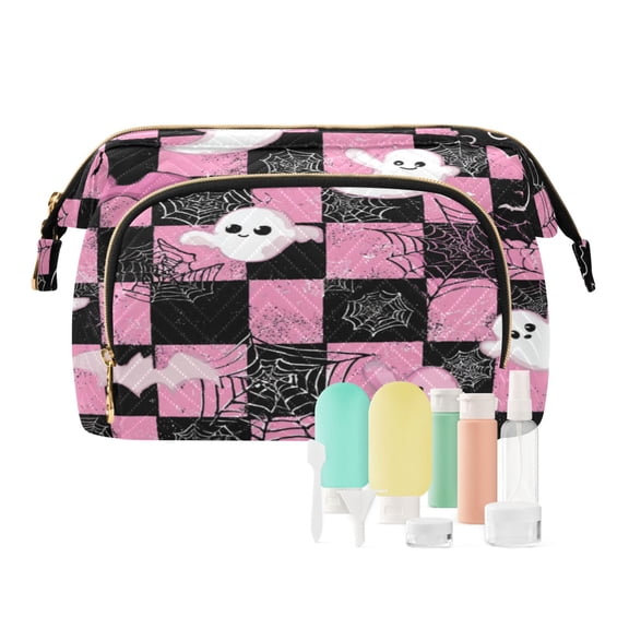 Wavy Quilted Cosmetic Bag Large-Capacity Travel Toiletry Organizer Includes 9-Piece Portable Travel Bottle Set Cartoon Ghosts