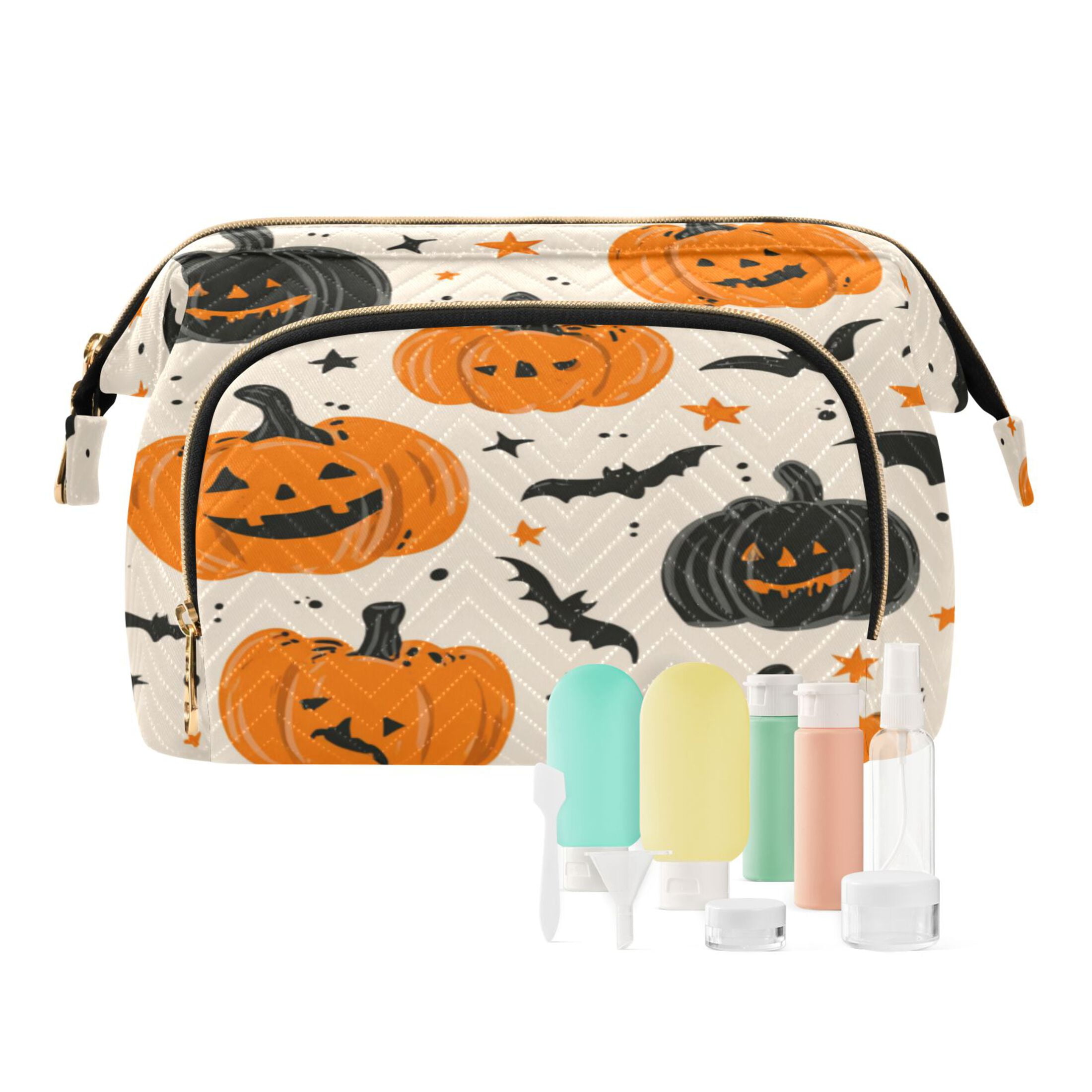 Wavy Quilted Cosmetic Bag Large-Capacity Travel Toiletry Organizer Includes 9-Piece Portable Travel Bottle Set Cartoon Halloween Pumpkins and Bats