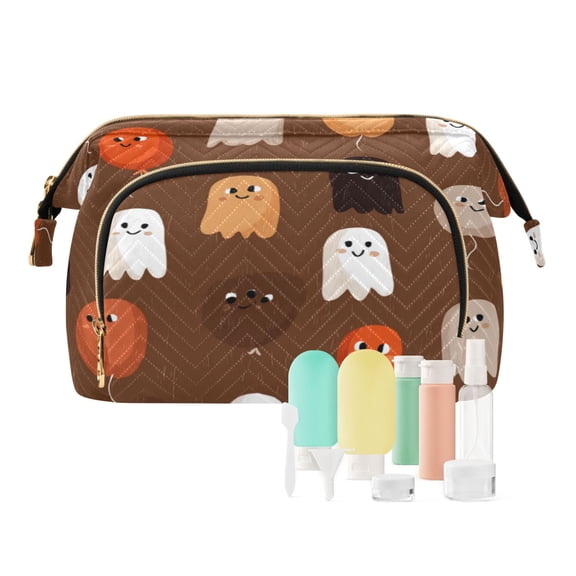Wavy Quilted Cosmetic Bag Large-Capacity Travel Toiletry Organizer Includes 9-Piece Portable Travel Bottle Set Cartoon-style Halloween