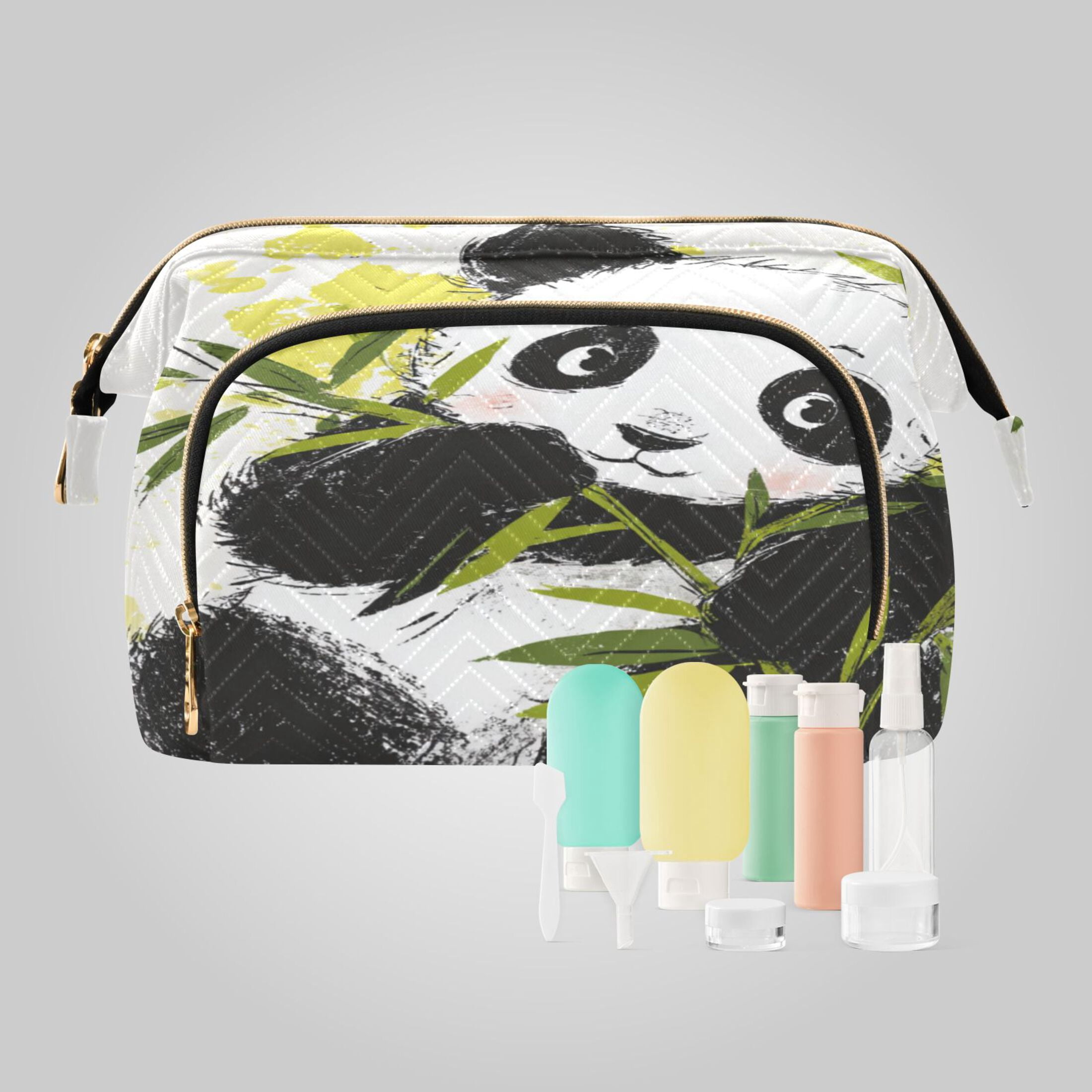 Wavy Quilted Cosmetic Bag Large-Capacity Travel Toiletry Organizer Includes 9-Piece Portable Travel Bottle Set Cheerful Bamboo Panda