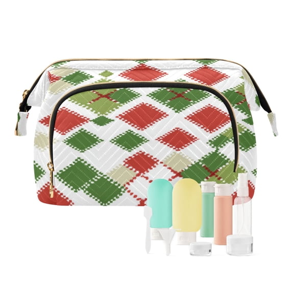 Wavy Quilted Cosmetic Bag Large-Capacity Travel Toiletry Organizer Includes 9-Piece Portable Travel Bottle Set Christmas Argyle Pattern