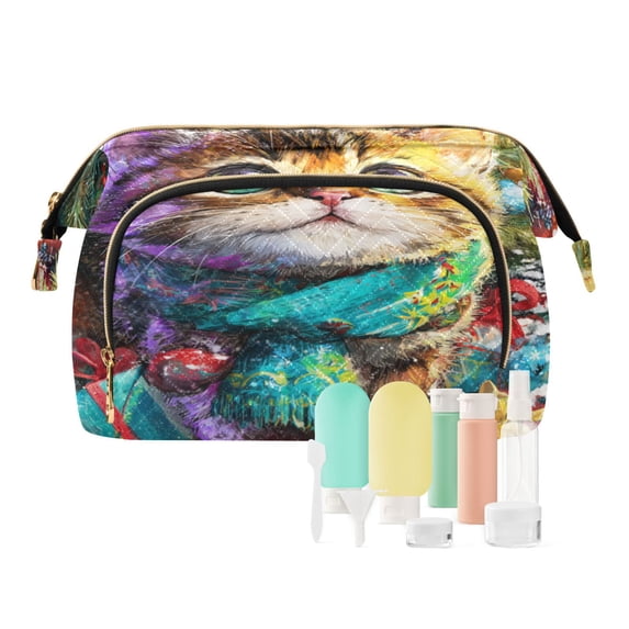 Wavy Quilted Cosmetic Bag Large-Capacity Travel Toiletry Organizer Includes 9-Piece Portable Travel Bottle Set Christmas Decoration Lovely Kitten