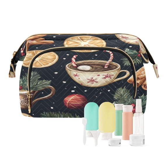 Wavy Quilted Cosmetic Bag Large-Capacity Travel Toiletry Organizer Includes 9-Piece Portable Travel Bottle Set Christmas Vibe Patterns
