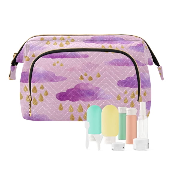 Wavy Quilted Cosmetic Bag Large-Capacity Travel Toiletry Organizer Includes 9-Piece Portable Travel Bottle Set Clouds and Raindrops