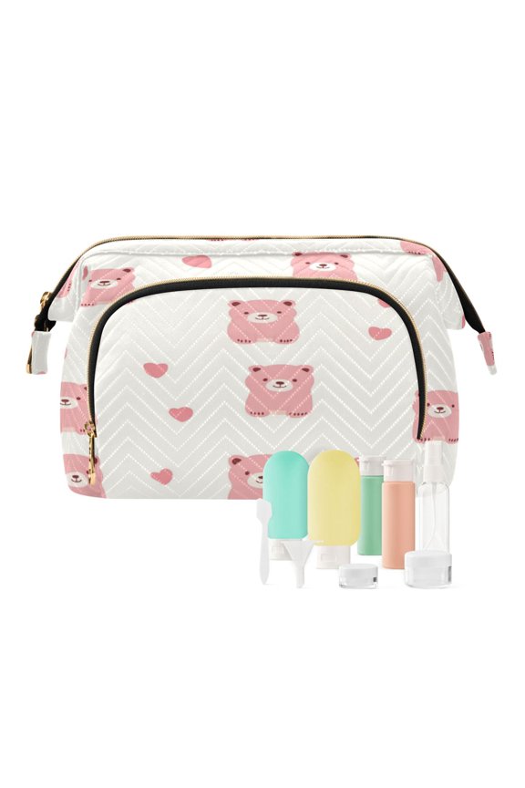 Wavy Quilted Cosmetic Bag Large-Capacity Travel Toiletry Organizer Includes 9-Piece Portable Travel Bottle Set Cute Bears