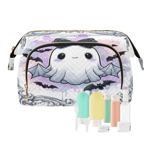 Wavy Quilted Cosmetic Bag Large-Capacity Travel Toiletry Organizer Includes 9-Piece Portable Travel Bottle Set Cute Black Bow Ghost