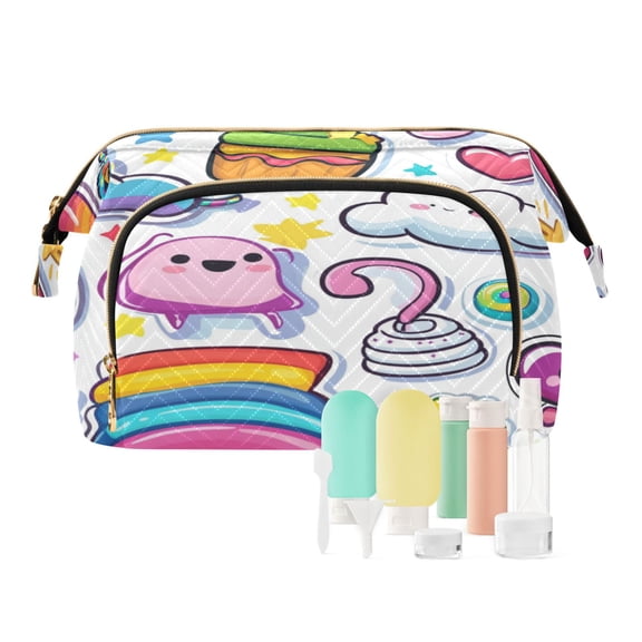 Wavy Quilted Cosmetic Bag Large-Capacity Travel Toiletry Organizer Includes 9-Piece Portable Travel Bottle Set Cute Ghost