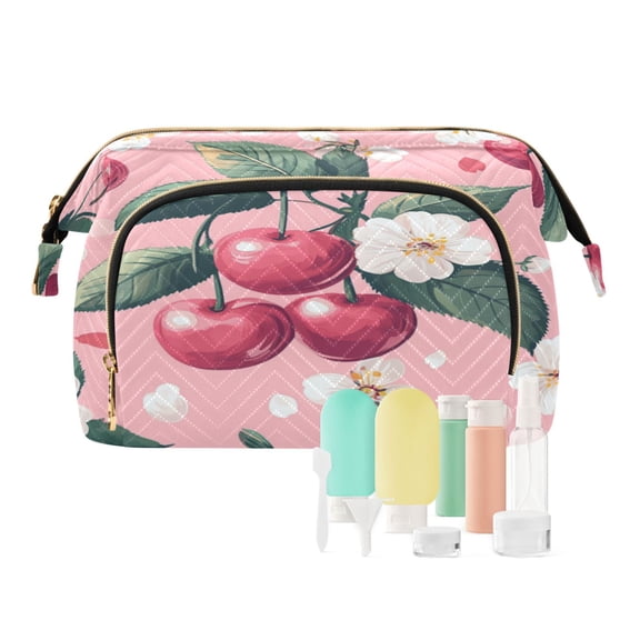 Wavy Quilted Cosmetic Bag Large-Capacity Travel Toiletry Organizer Includes 9-Piece Portable Travel Bottle Set Cute Girly Style Cherry