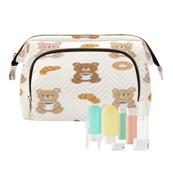 Wavy Quilted Cosmetic Bag Large-Capacity Travel Toiletry Organizer Includes 9-Piece Portable Travel Bottle Set Cute Teddy Bear Pattern
