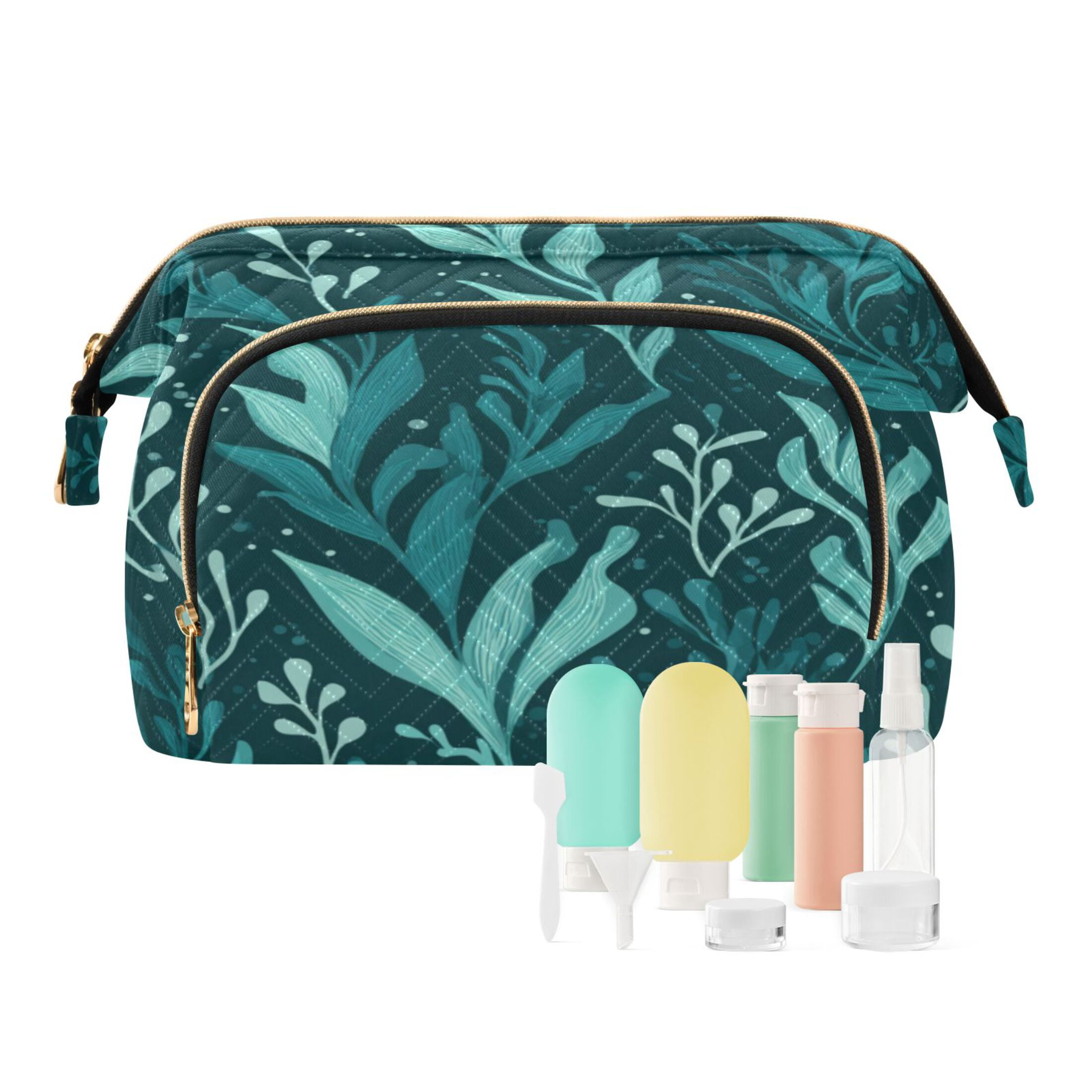 Wavy Quilted Cosmetic Bag Large-Capacity Travel Toiletry Organizer Includes 9-Piece Portable Travel Bottle Set Dark Green Seaweed