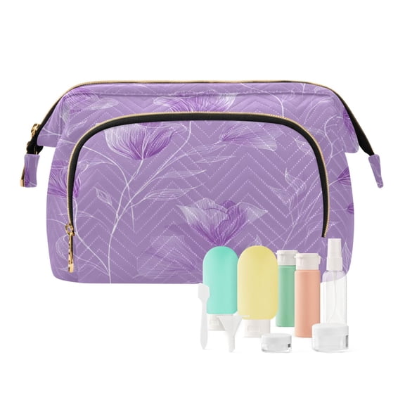 Wavy Quilted Cosmetic Bag Large-Capacity Travel Toiletry Organizer Includes 9-Piece Portable Travel Bottle Set Elegant Lavender Design